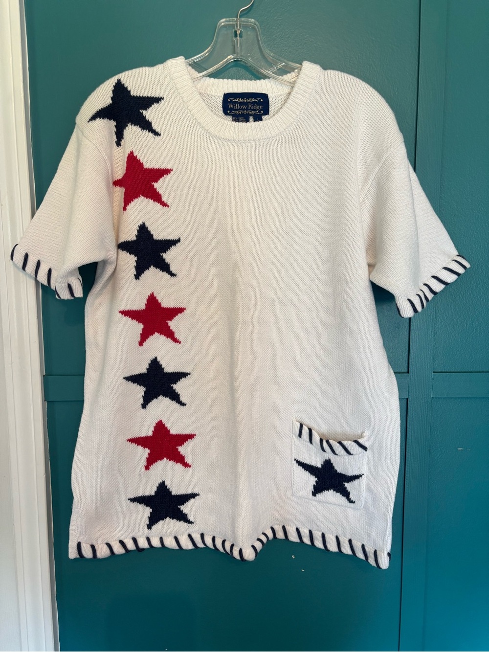 Vintage Willow Ridge Star-Strip Knit Top, Natural Ramie Cotton Blend Size Large